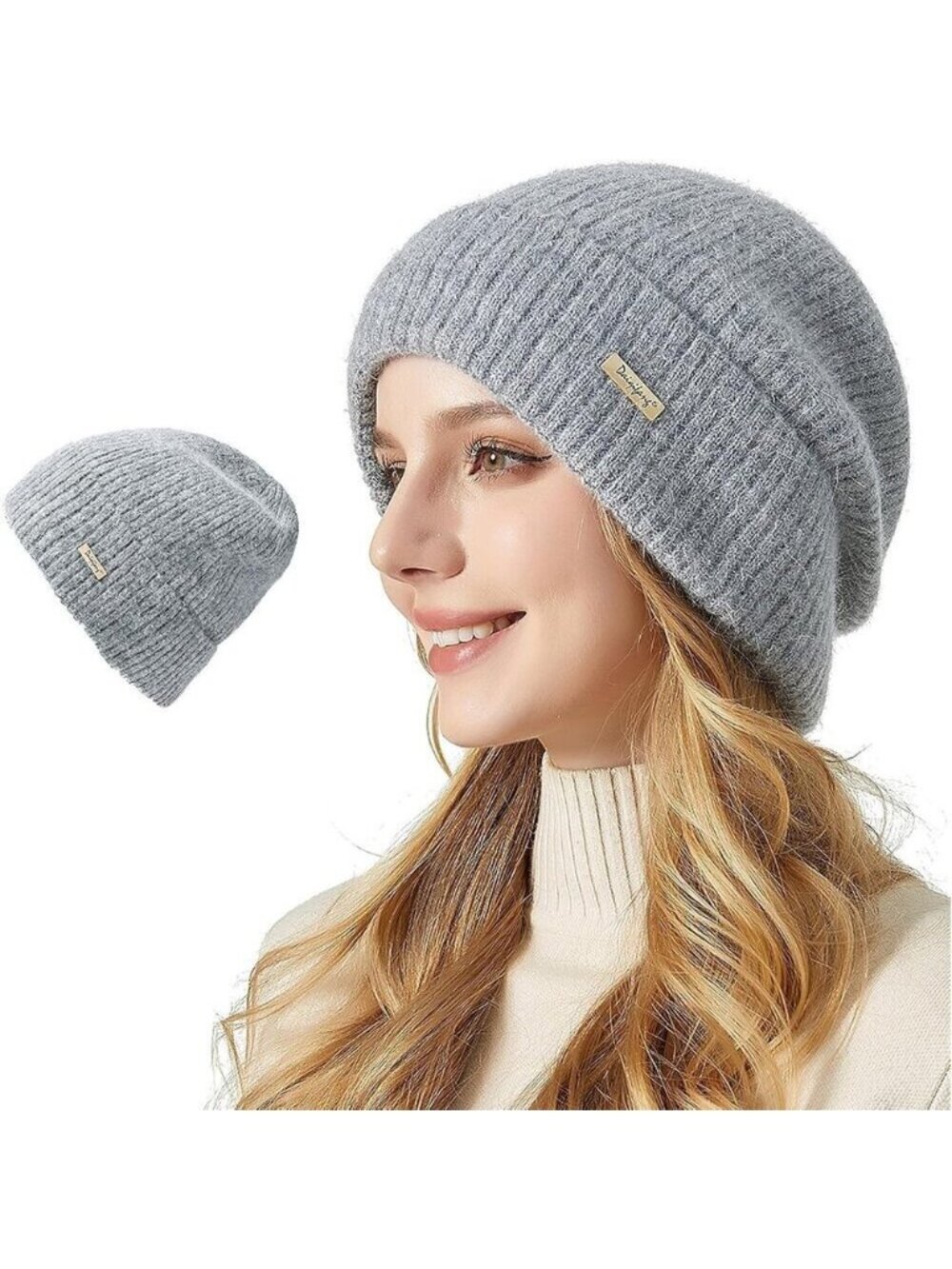 Womens Warm Knit Beanie Hat Thick Cotton Lined Slouchy Skull Cap for Fall Winter